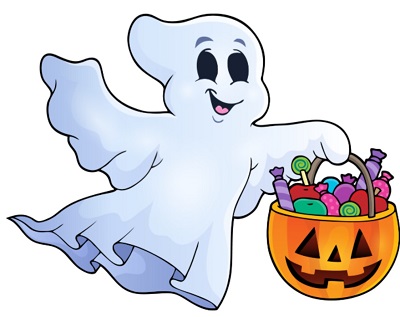 alt="a smiling ghost holding a jack-o'-lantern bucket full of candy"