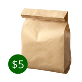 alt="a large brown paper bag with a green circle and white text saying $5 overlaid on its bottom left corner"